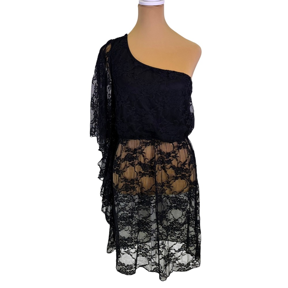 Love Reign Lace One Shoulder Womens Dress M Black Sheer Cape Sleeve Whimsigoth